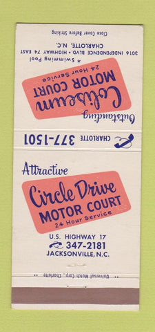 Matchbook Cover - Circle Drive Motor Court Charlotte Jacksonville NC 30 Strike