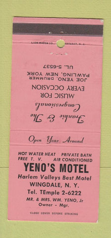 Matchbook Cover - Yeno's Motel Wingdale NY 30 Strike