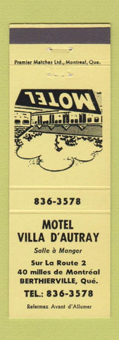 Matchbook Cover - Motel Villa D'Autray Berthierville QC YELLOW