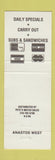Matchbook Cover - Anastons West Restaurant Austintown OH WEAR