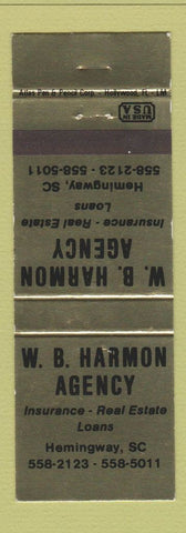 Matchbook Cover - WB Harmon Insurance Real Estate Hemingway SC