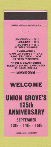 Matchbook Cover - Union Grove 125th Anniversary WI 1963 PINK