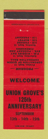 Matchbook Cover - Union Grove 125th Anniversary WI 1963 RED