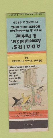 Matchbook Cover - Adairs' Associated Parking oil gas? Roseburg OR hillbilly