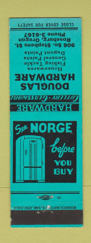 Matchbook Cover - Douglas Hardware Roseburg OR Norge Refrigerator