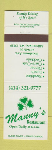 Matchbook Cover - Manny's Restaurant Irish Milwaukee WI