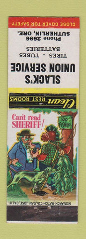 Matchbook Cover - Slack's Union oil gas Sutherlin OR low phone # hillbilly WEAR