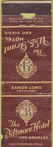 Matchbook Cover - Biltmore Hotel Los Angeles CA San Diego POOR