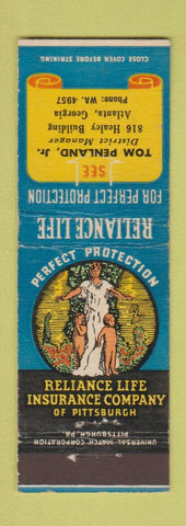 Matchbook Cover - Reliance Life Insurance Tom Penland Atlanta GA