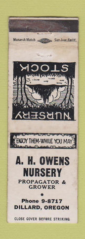Matchbook Cover - AH Owens Nursery Dillard OR WORN