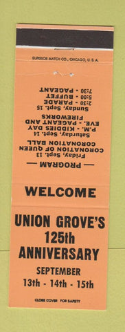 Matchbook Cover - Union Grove WI 125th Anniversary ORANGE