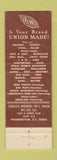 Matchbook Cover - Tobacco Workers Union Washington DC