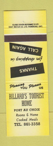 Matchbook Cover - Billard's Tourist Home Port Au Choix NL NF