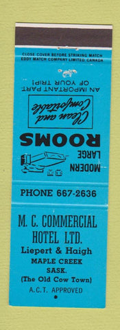 Matchbook Cover - MC Commercial Hotel Maple Creek SK