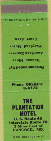 Matchbook Cover - Plantation Motel Hancock MD green