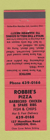 Matchbook Cover - Robbie's Pizza London ON RED