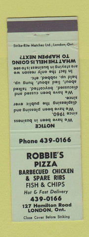 Matchbook Cover - Robbie's Pizza London ON GREEN