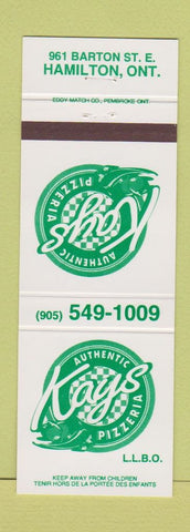 Matchbook Cover - Kay's Pizza Hamilton ON WHITE