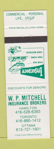 Matchbook Cover - WP Mitchell Insurance Toronto Hamilton Ottawa ON