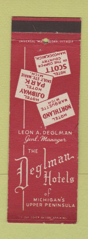 Matchbook Cover - Deglman Hotels Hancock Marquette Sault Ste Marie MI WEAR