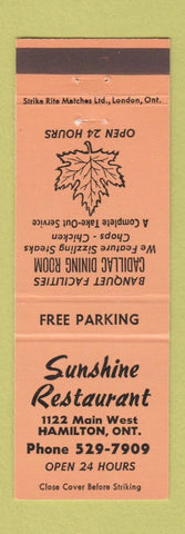 Matchbook Cover - Sunshine Restaurant Hamilton ON ORANGE