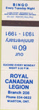 Matchbook Cover - Royal Canadian Legion Wiarton ON Bingo