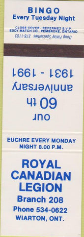 Matchbook Cover - Royal Canadian Legion Wiarton ON Bingo