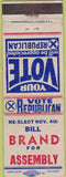 Matchbook Cover - Bill Brand Assembly election NO TOWN WEAR