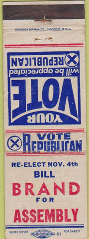 Matchbook Cover - Bill Brand Assembly election NO TOWN WEAR