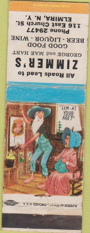 Matchbook Cover - Zimmer's Restaurant Elmira NY hillbilly WEAR