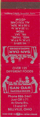 Matchbook Cover - San Dar Smorgasbord Bellville OH