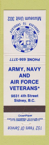 Matchbook Cover - Army Navy Air Force Veterans Sidney BC #1 BLUE LETTERING