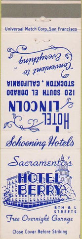 Matchbook Cover - Hotel Bery Sacramento CA Stockton