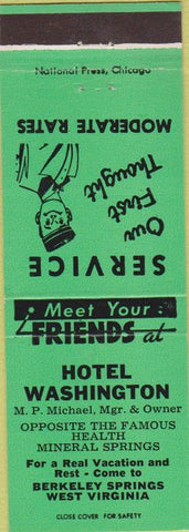 Matchbook Cover - Hotel Washington Berkeley Springs WV green