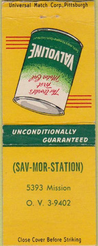 Matchbook Cover - Valvoline oil gas Sav Mor BOBTAIL
