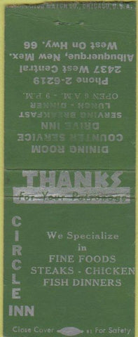Matchbook Cover - Circle Inn Albuquerque NM Route 66 BOBTAIL