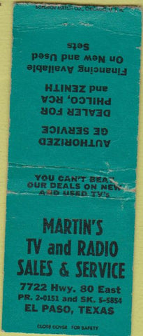 Matchbook Cover - Martin's TV Radio El Paso TX WORN