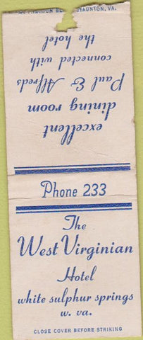 Matchbook Cover - West Virginian Hotel White Sulphur Springs WV BOBTAIL