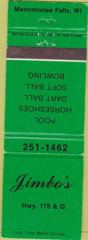 Matchbook Cover - Jimbo's Menomonee Falls WI billiards bowling