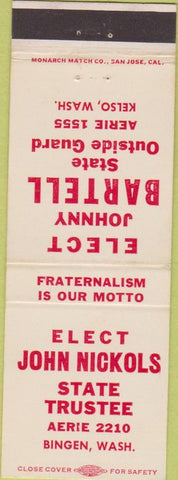 Matchbook Cover - Elect John Nickols Bingen WA