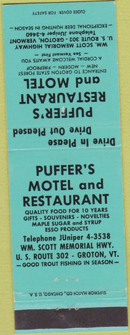 Matchbook Cover - Puffer's Motel Restaurant Groton VT