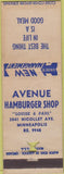 Matchbook Cover - Avenue Hamburger Shop Minneapolis MN