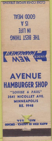 Matchbook Cover - Avenue Hamburger Shop Minneapolis MN