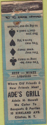 Matchbook Cover - Ade's Grill Clinton NY WORN