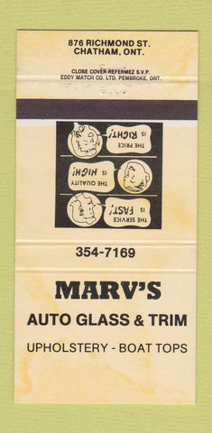 Matchbook Cover - Marv's Auto Glass Trim Chatham ON 30 Strike