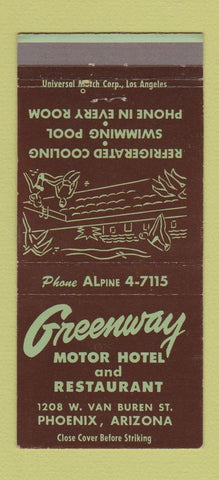 Matchbook Cover - Greenway Motor Hotel Phoenix AZ 30 Strike