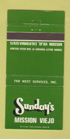 Matchbook Cover - Sunday's Mission Viejo CA 30 Strike