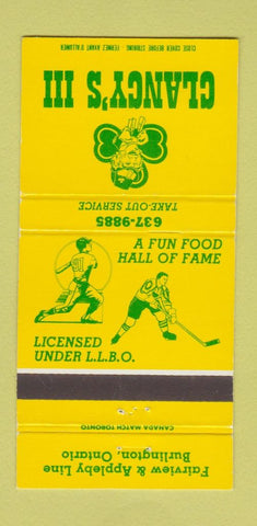 Matchbook Cover - Clancy's III Burlington ON hockey baseball 30 Strike