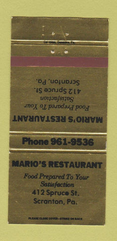 Matchbook Cover - Mario's Restaurant Scranton PA 30 Strike