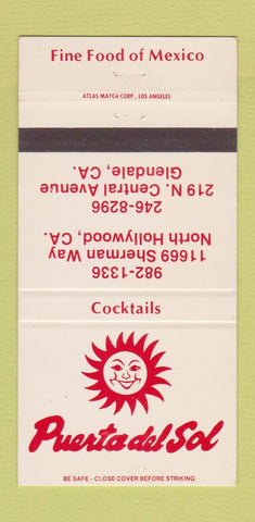 Matchbook Cover - Puerta Del Sol Mexican Glendale North Hollywood CA 30 Strike